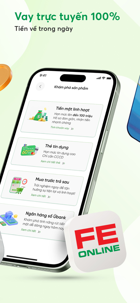 Interface do aplicativo FE ONLINE 2.0 exibindo serviços financeiros, incluindo empréstimos flexíveis em dinheiro, cartões de crédito, compre agora pague depois e serviços bancários digitais Ubank.