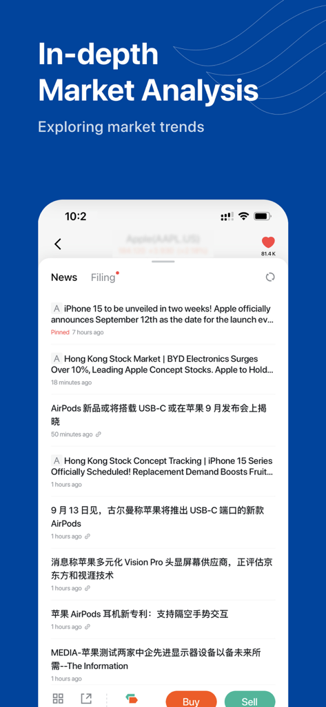 Mobile app interface showing in-depth market analysis and financial news feed for Apple stocks