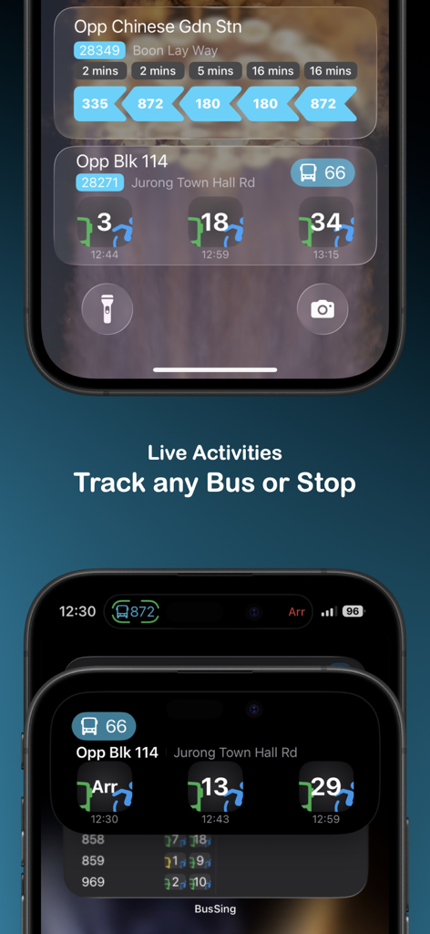 BusSing: SG Bus Arrival Times - BusSing app showing Live Activities and Dynamic Island features for tracking Singapore bus arrivals on iPhone