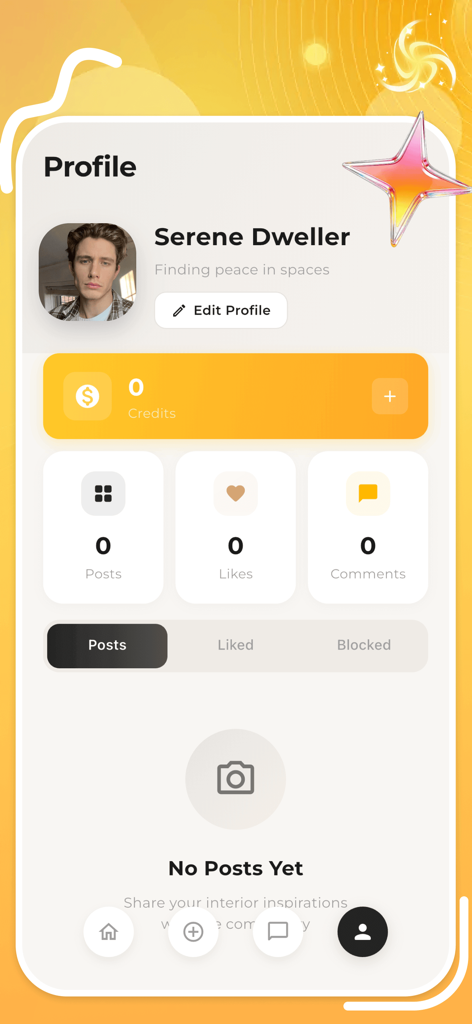 Sopao - Sopao app profile interface for a user named Serene Dweller showing empty post history and minimalist design