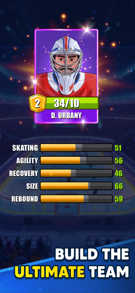 A hockey goalie player card displaying performance stats and upgrade levels in the Superstar Hockey game