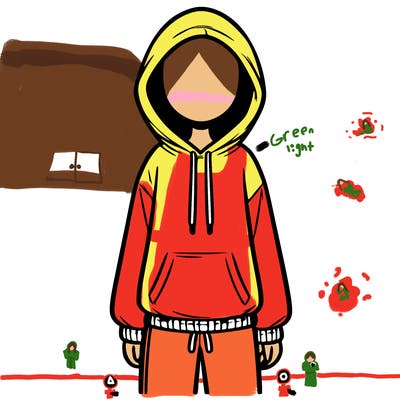 faceless girl in a tracksuit with a hood on and no hair