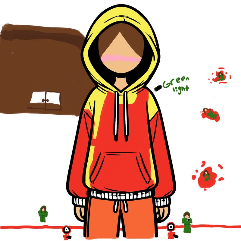faceless girl in a tracksuit with a hood on and no hair