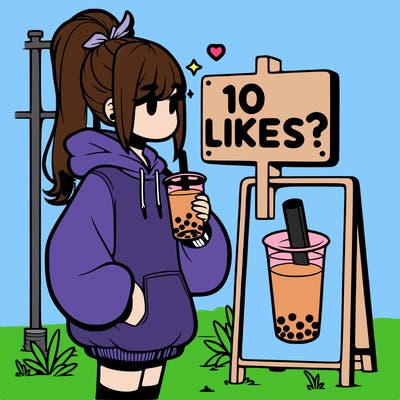 girl with oversized hoodie drinking boba and she has a high ponytail with a sign that says 10likes?