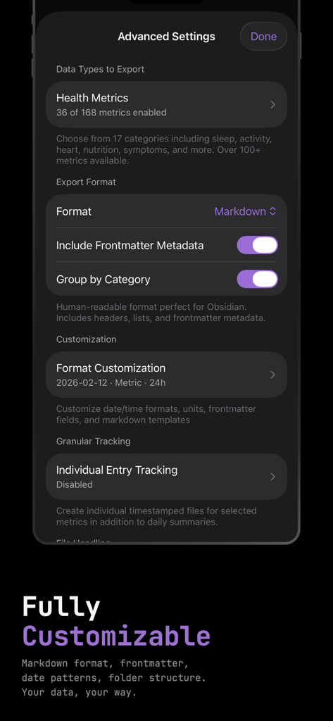 Health.md app interface showing advanced export settings for health metrics and Markdown format customization