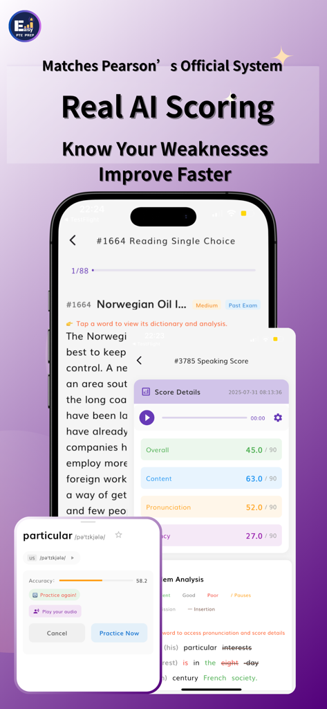 EasyPTE app interface showing AI-driven speaking score and reading test simulation