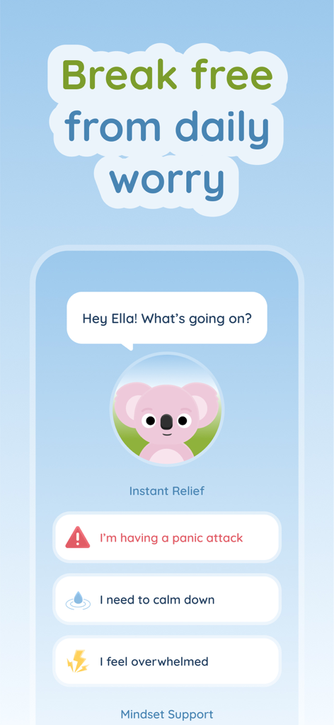 Kozy: Anxiety Relief Games - Kozy app chat interface featuring a pink koala and instant relief buttons for anxiety