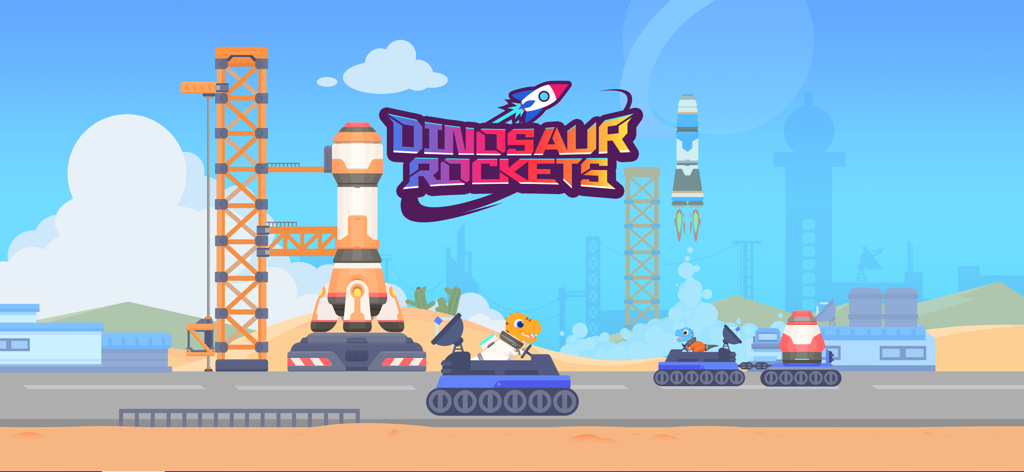 Dinosaur Rocket Games for kids - Dinosaur astronauts preparing for a rocket launch in a cartoon space center.