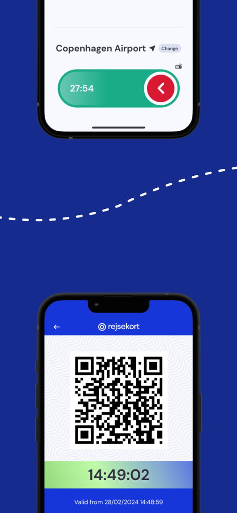 Screenshots of the Rejsekort app showing a digital QR code ticket and an active travel status from Copenhagen Airport