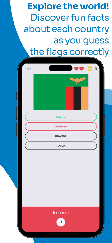 Quiz Flags Around the World - A geography quiz screen showing the flag of Zambia and multiple choice options on an iPhone interface.