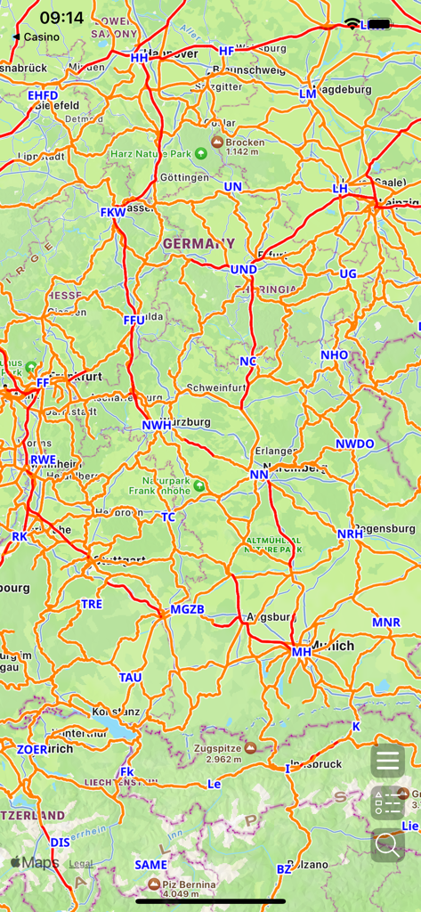 A detailed view of the railway infrastructure in Germany shown on the Railways Map app