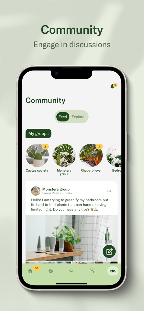 Planta 앱 커뮤니티 스크린샷, 식물 관리 그룹 및 사용자 토론 피드 포함.