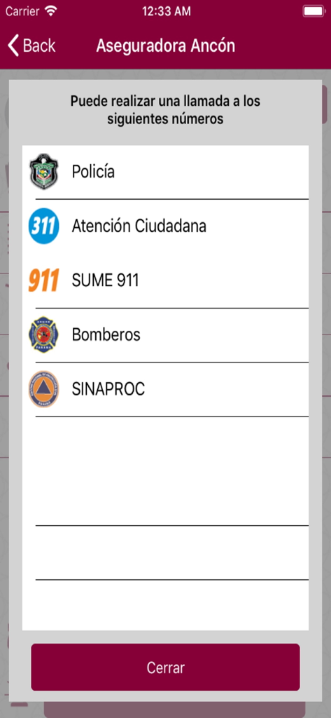 Emergency contact numbers directory in the Ancon Clientes insurance mobile app