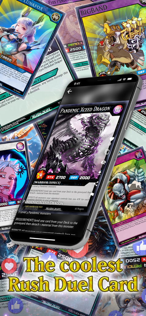 Eine mobile Benutzeroberfläche, die verschiedene benutzerdefinierte Yu-Gi-Oh-Karten mit Fokus auf Rush Duel-Vorlagen und einer Drachenmonsterkarte anzeigt