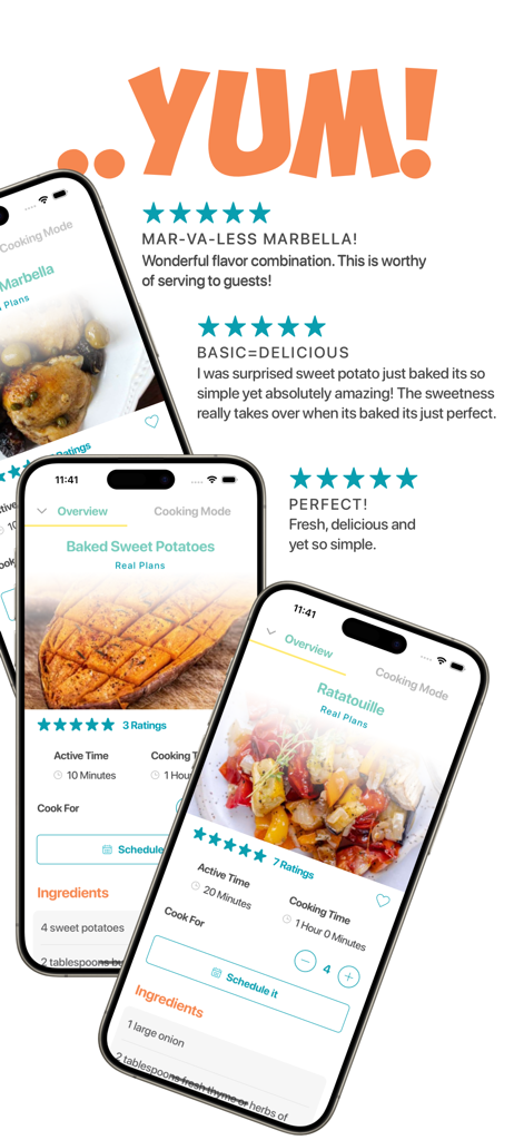Real Plans - Meal Planner - Real Plans meal planner app interface featuring healthy recipes and five star user ratings