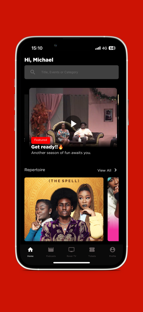 RoverApp - RoverApp mobile home screen featuring theatre show listings and repertoire options