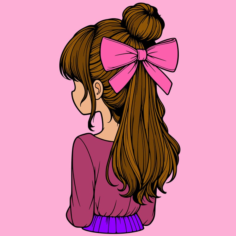 realistic girl  with hip length hair a bun and a big bow on the back of head