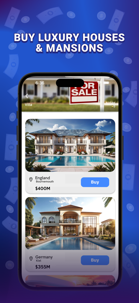 Business Tycoon: Idle Clicker - A mobile game screen showing luxury villas and mansions available for purchase in Business Tycoon