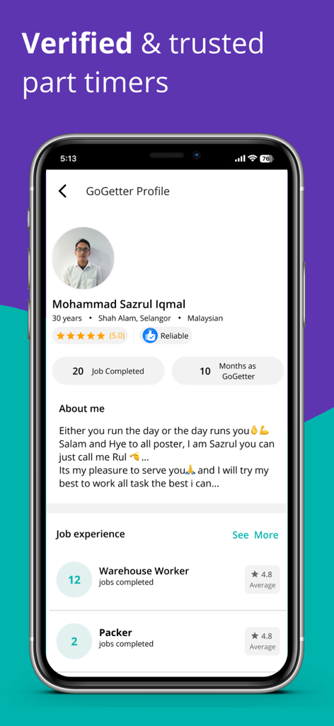 GoGet: Hire on demand - A mobile phone screen displaying a verified worker profile on the GoGet app with ratings and job history