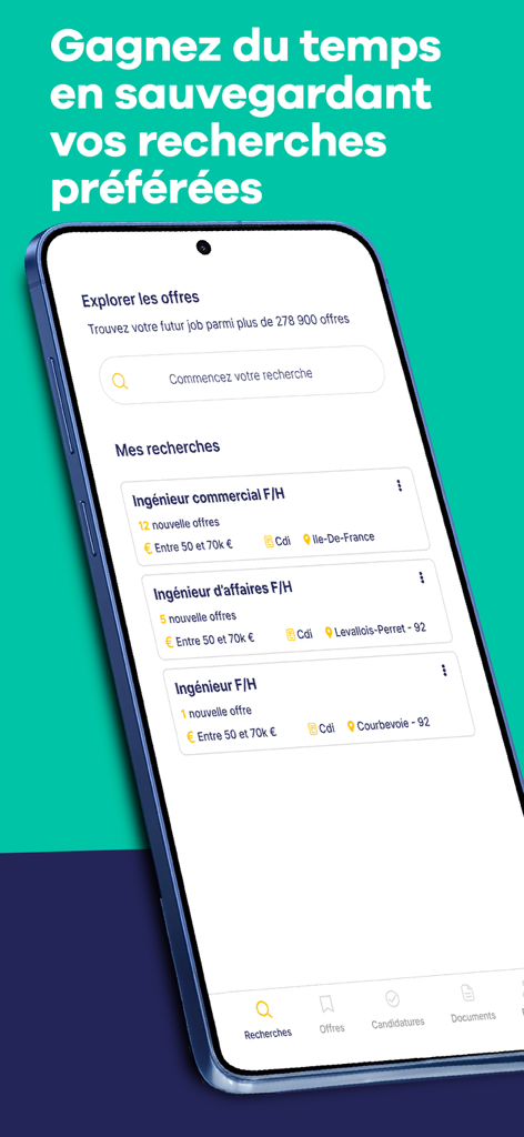 Apec : offres d’emploi cadres - Apec app screen showing saved job searches for executives