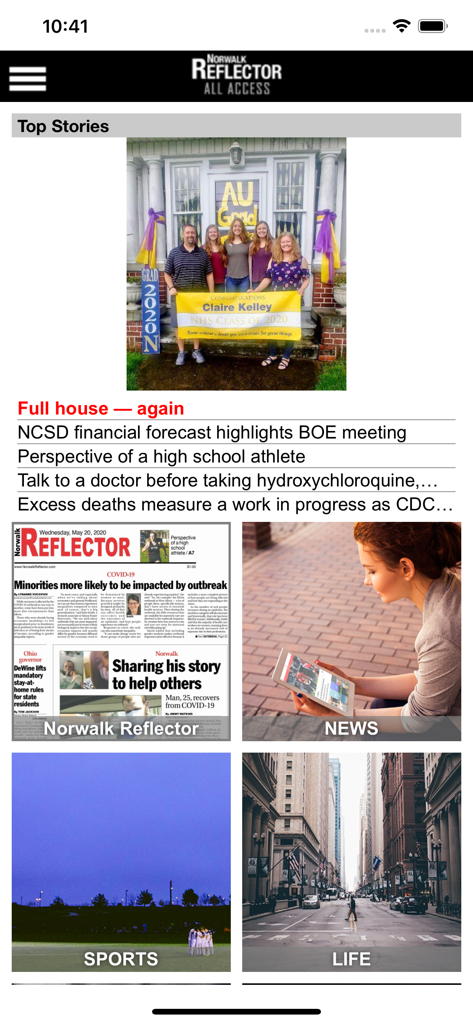Interface of the Norwalk Reflector mobile app featuring local news headlines and category sections for sports and life.