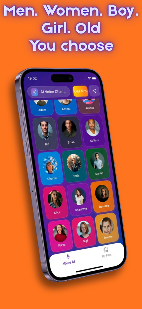 Interface of the AI Voice Changer app showing a grid of different male and female AI voice profiles for selection.