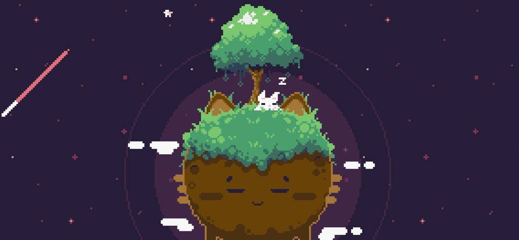 Pixel art de um personagem gato branco dormindo sob uma árvore em uma ilha flutuante em forma de gato em um céu estrelado.