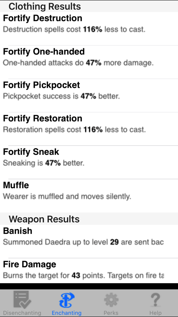 Enchanting for Skyrim ® - A screen from the Enchanting for Skyrim app displaying calculated enchantment results for various clothing and weapon items