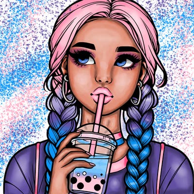 realistic girl with braided hair drinking boba