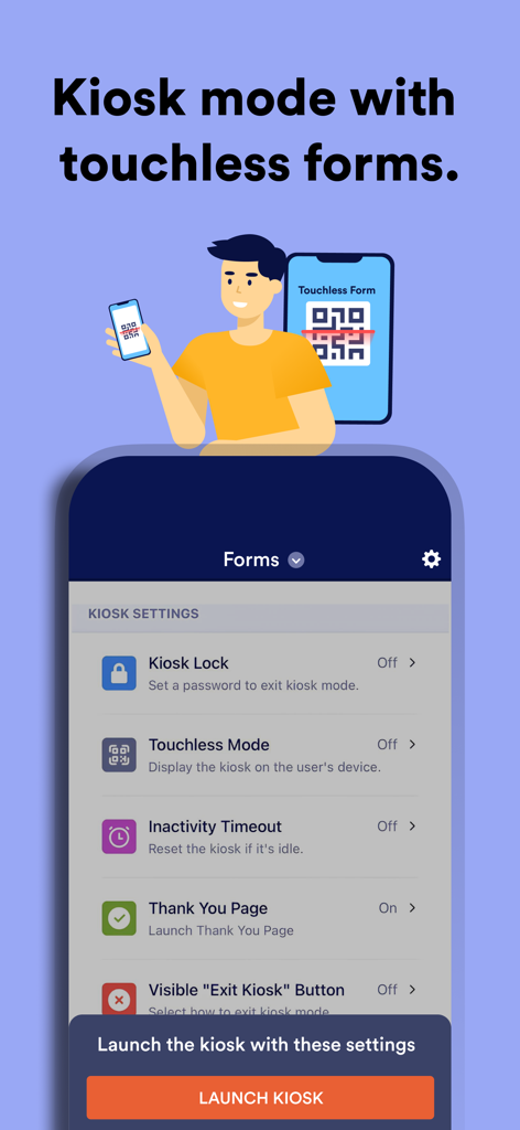 Jotform app interface showing kiosk settings for touchless forms and QR code scanning
