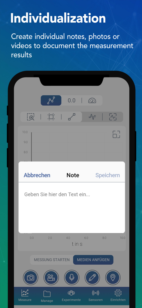PHYWE measureAPP - A smartphone showing the PHYWE measureAPP interface with a note-taking pop-up to document science experiment measurement results.