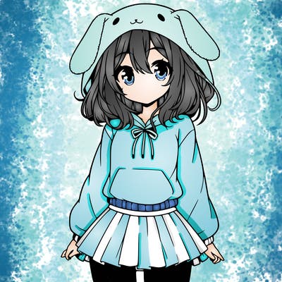 pretty anime girl wearing a fluffy hoodie with bunny ears on the hood and a skirt