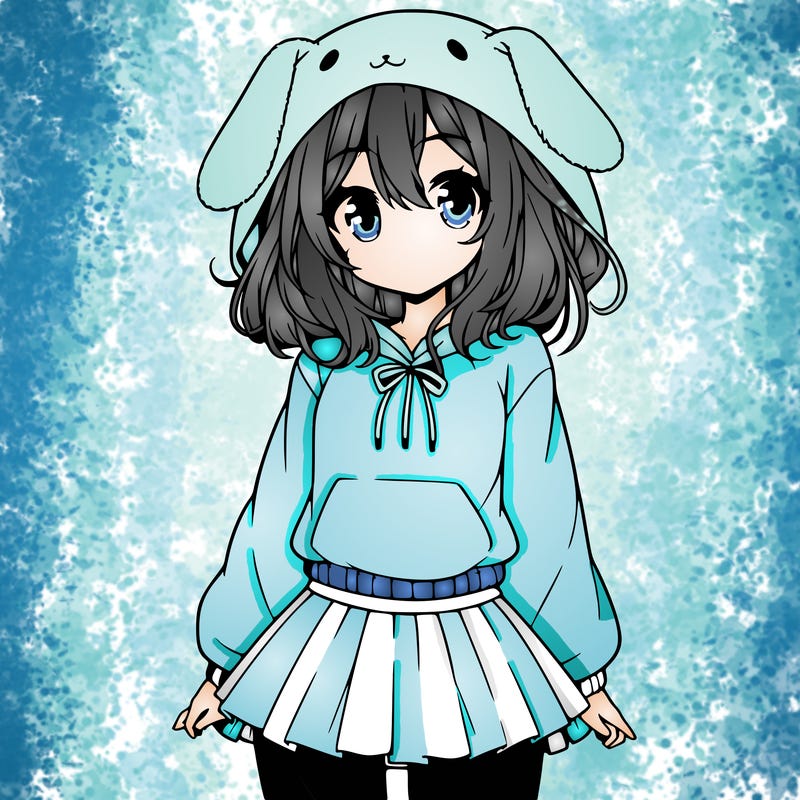 pretty anime girl wearing a fluffy hoodie with bunny ears on the hood and a skirt