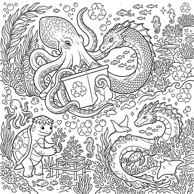 Unleash your creativity with this unique coloring page featuring majestic sea monsters dedicated to protecting our oceans. This intricate design blends fantasy and environmental awareness, perfect for Earth Day celebrations or any time you want to make a difference.