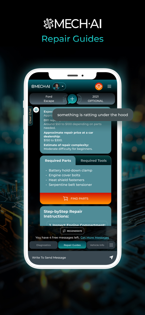 MECH.AI: Diagnostic & Repair - A mobile app screen showing a step-by-step car repair guide with a list of required parts and tools for fixing a rattling noise under the hood
