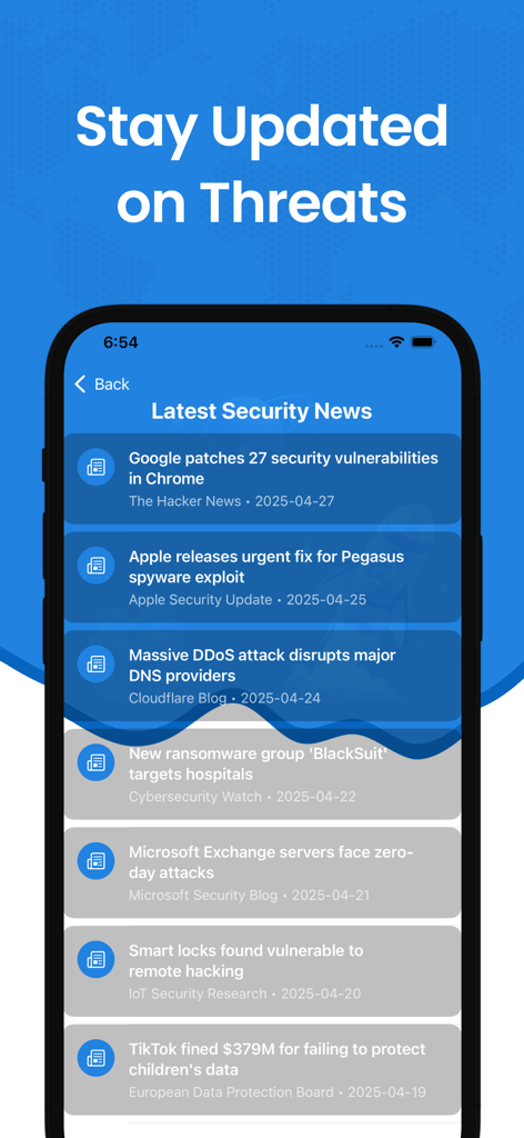 The security news feature of the Seal VPN app displaying a feed of the latest cybersecurity threat updates