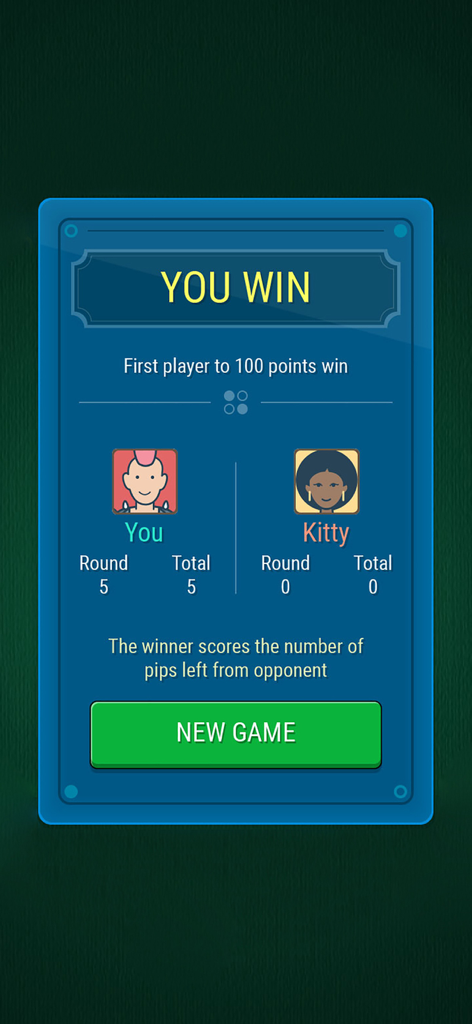 Pantalla de victoria en Dominoes Master que muestra al jugador ganando una ronda contra un oponente