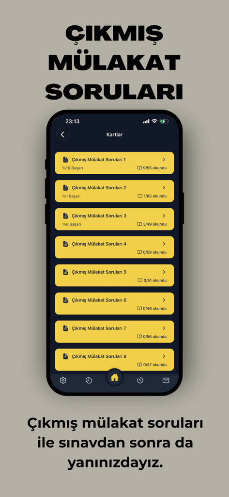 EKYS Kolay Müdür ve Müdür Yrd. - Eine mobile App-Oberfläche, die eine Liste früherer Interviewfragen für die türkische EKYS-Prüfung für Schulverwalter anzeigt.