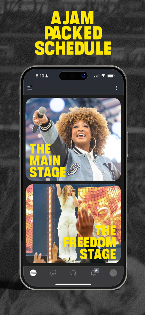 Woman Evolve - Woman Evolve app screen showing a jam packed conference schedule with main stage and freedom stage sessions