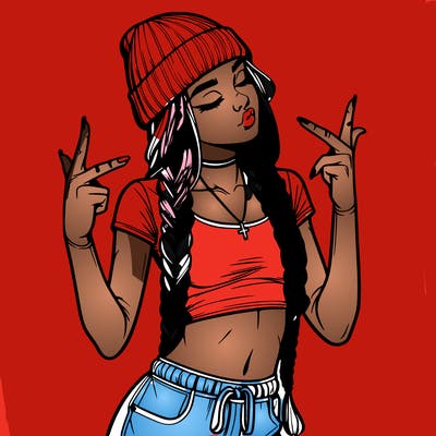 realistic teenage girl with braids and a beanie and crop top doing 🫶🏼