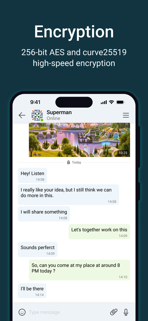 Utopia — Private Messenger - Secure chat interface of Utopia Private Messenger highlighting high-speed 256-bit AES encryption