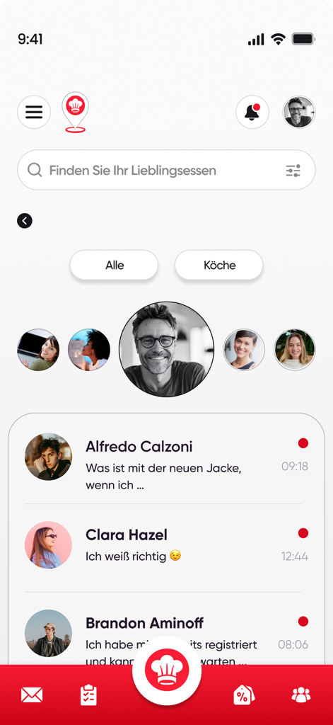 GetaChef - Interfaz de chat de la aplicación GetaChef que muestra una lista de chats con chefs privados y una barra de búsqueda.