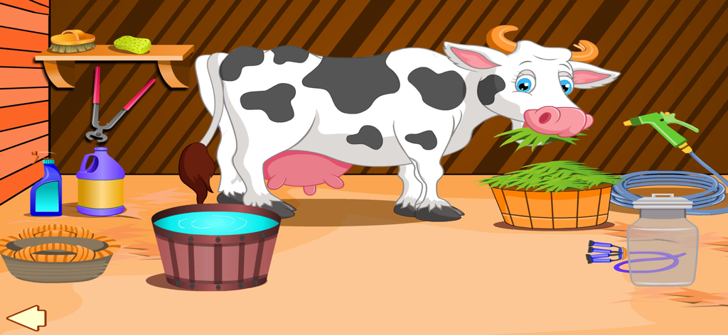 Help cow - Cartoon cow eating grass in a barn with various tools for grooming and milking