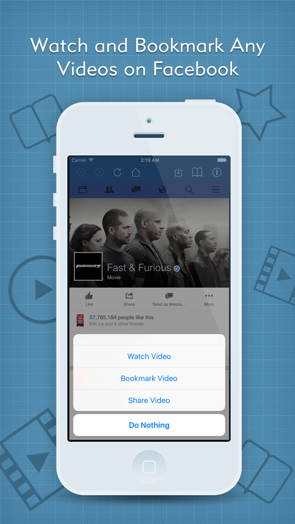 iPhone screenshot showing a Facebook video with options to watch, bookmark, or share in the BVideo app.