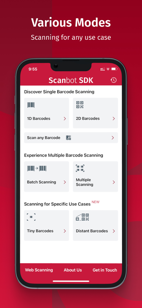 Smartphone screen of the Scanbot SDK app showing different scanning modes including 1D 2D batch tiny and distant barcodes