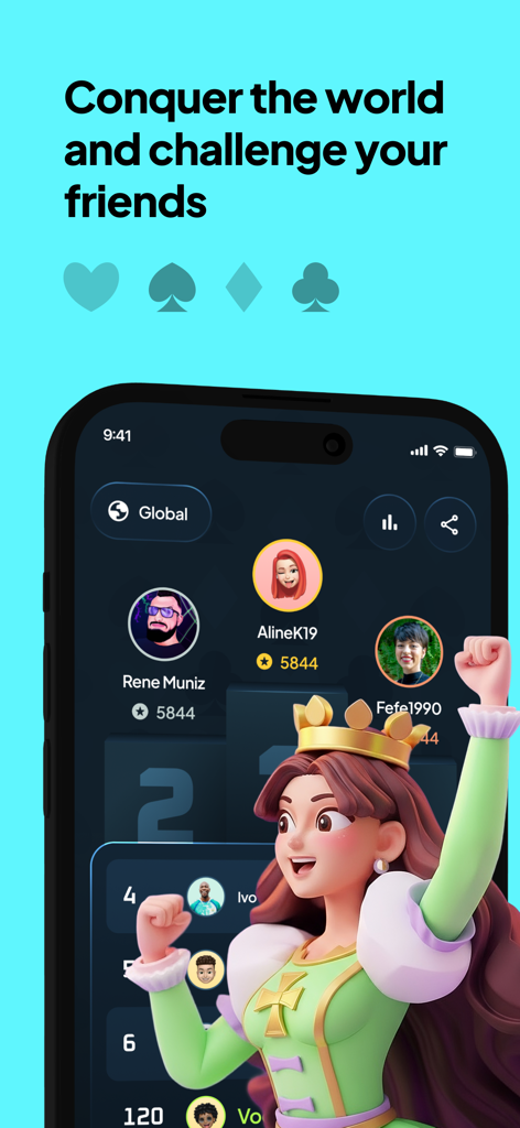 Spider Solitaire global leaderboard screen featuring player rankings and a cartoon queen character