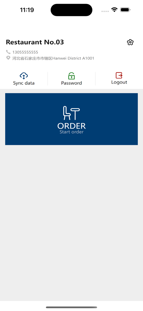 TK Waiter app main menu featuring a large button to start an order and options for data sync and password management