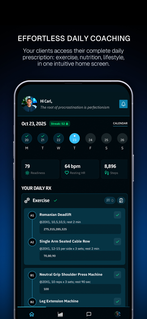 CoachRx app dashboard showing daily workout prescription and health metrics