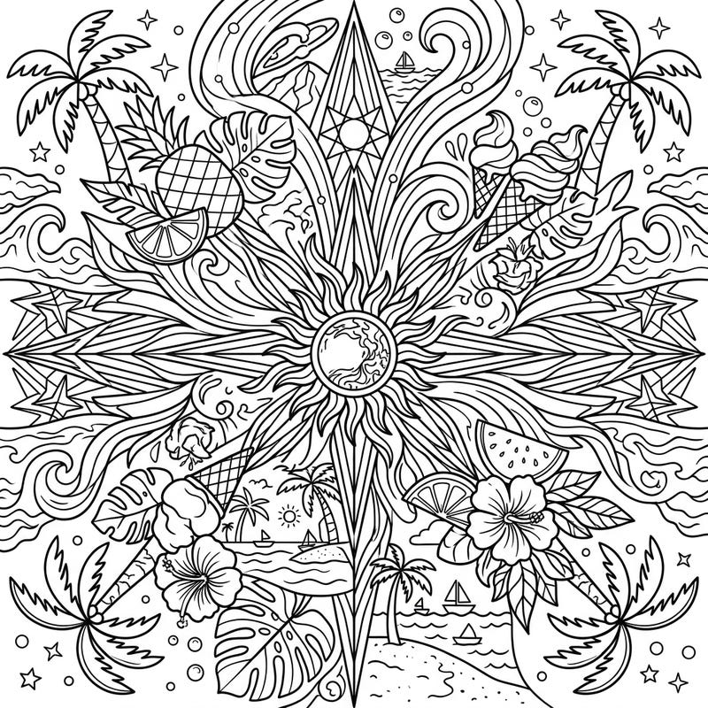 Unleash your creativity with this vibrant summer-themed coloring page, blending intricate pulsar patterns with joyful tropical elements. It's the perfect way to relax and bring a burst of sunny energy to your day.