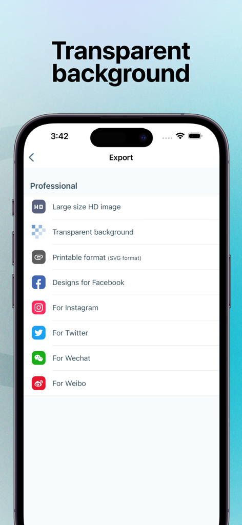 Menú de exportación de la aplicación Logo Maker SOS que muestra opciones para SVG con fondo transparente y formatos de redes sociales.